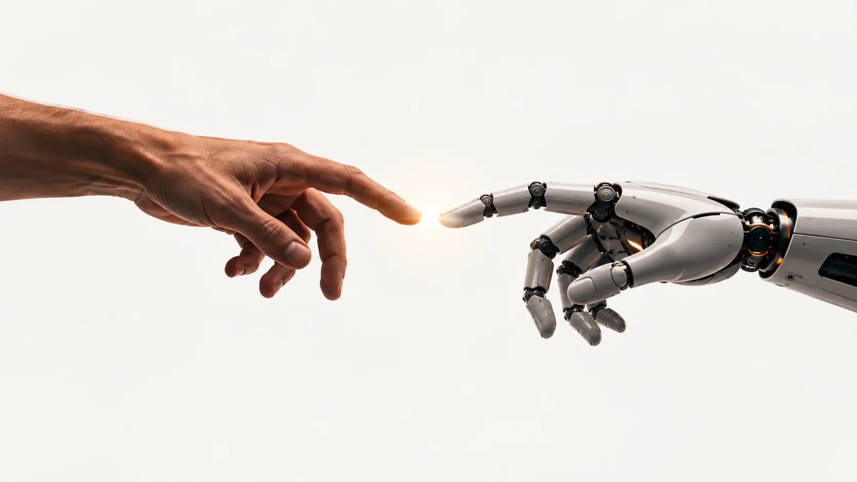 A human hand reaching toward a robotic hand, fingertips almost touching