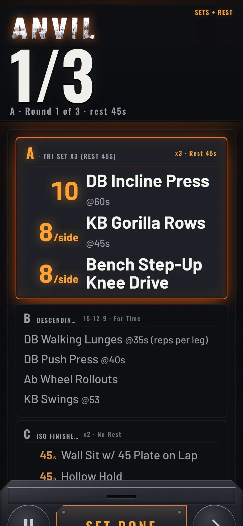 ANVIL running a workout, round 1 of 3, with the full session on screen