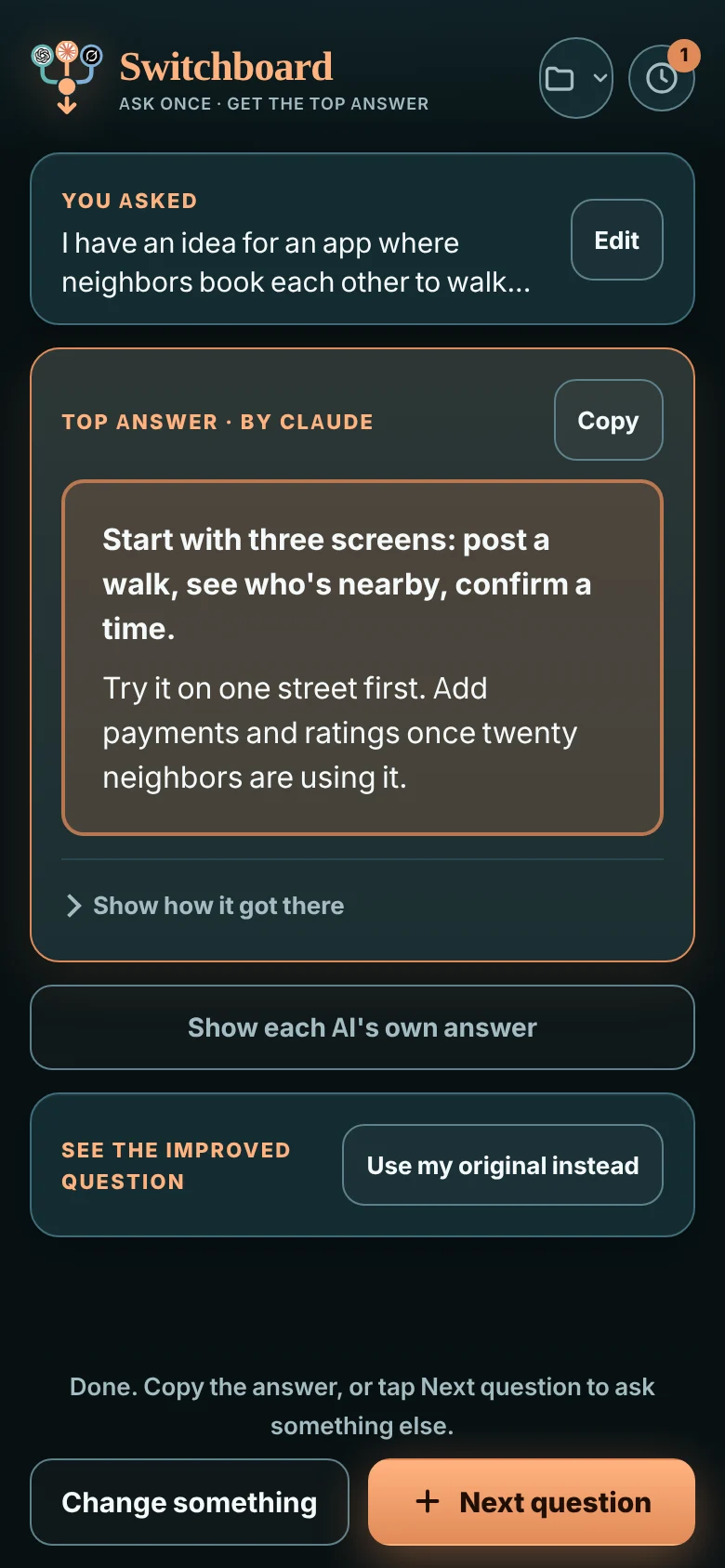 Switchboard showing the top answer to a question, picked by a judge from several AIs